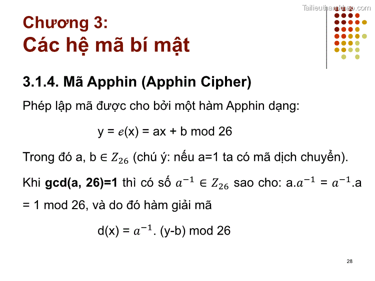 3 1 4 Mã Apphin Apphin Cipher Phép Lập Mã Được Cho Bởi Một Hàm Apphin