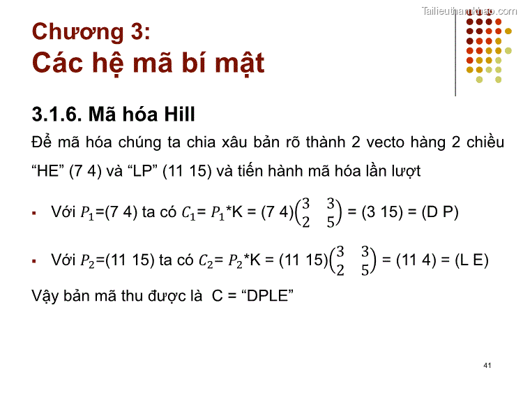 3 1 6 Mã Hóa Hill Để Mã Hóa Chúng Ta Chia Xâu Bản Rò Thành 2 Vecto Hàng