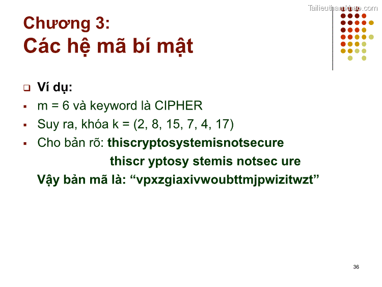  Ví Dụ  M 6 Và Keyword Là Cipher  Suy Ra Khóa K 2 8 15 7 4 17  Cho
