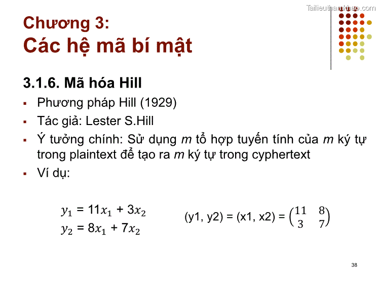 3 1 6 Mã Hóa Hill  Phương Pháp Hill 1929  Tác Giả Lester S Hill  Ý