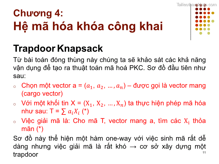 Trapdoor Knapsack Từ Bài Toán Đóng Thùng Này Chúng Ta Sẽ Khảo Sát Các
