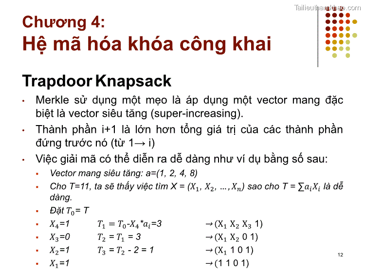 Trapdoor Knapsack • Merkle Sử Dụng Một Mẹo Là Áp Dụng Một Vector Mang
