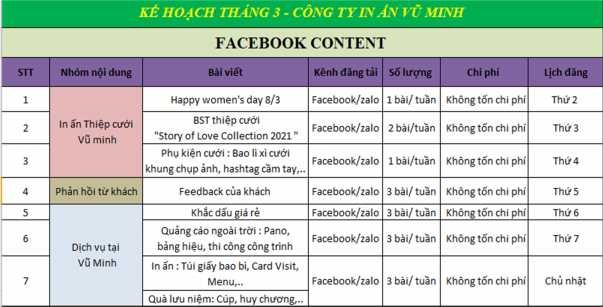 Hình 8 Kế hoạch content Facebook tháng 3 năm 2021 của công ty In ấn Vũ Minh Hàng 1