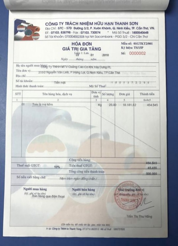 Công Ty TNHH Thanh Sơn MẪU SỐ S35 DN 57C 57D 3 2 P Xuân Khánh Q Ninh Kiều TPCT Ban 1