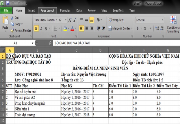 Hình 48 Ex e iểm cá nhân sinh viên II 7 5 Báo cáo thống kê điểm cá nhân sinh 9