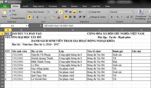 Hình 58 Excel sinh viên tham gia hoạt ng II 9 Quản lý chương trình đào tạo II 9 1 4