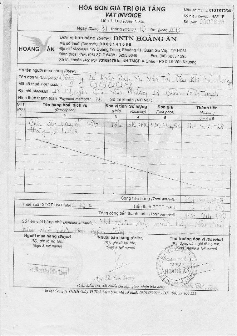 8 Sổ sách và chứng từ có liên quan đến quý 4 2013 của DNTN Hoàng Ân PHỤ LỤC 1