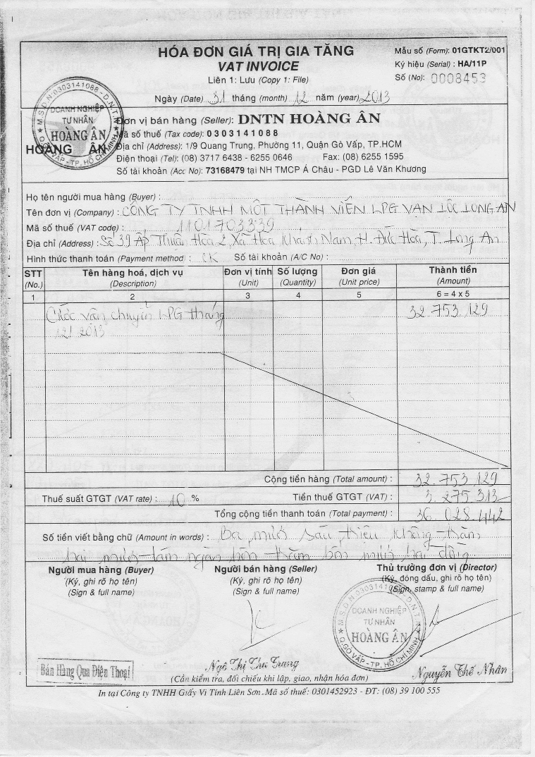 8 Sổ sách và chứng từ có liên quan đến quý 4 2013 của DNTN Hoàng Ân PHỤ LỤC 4