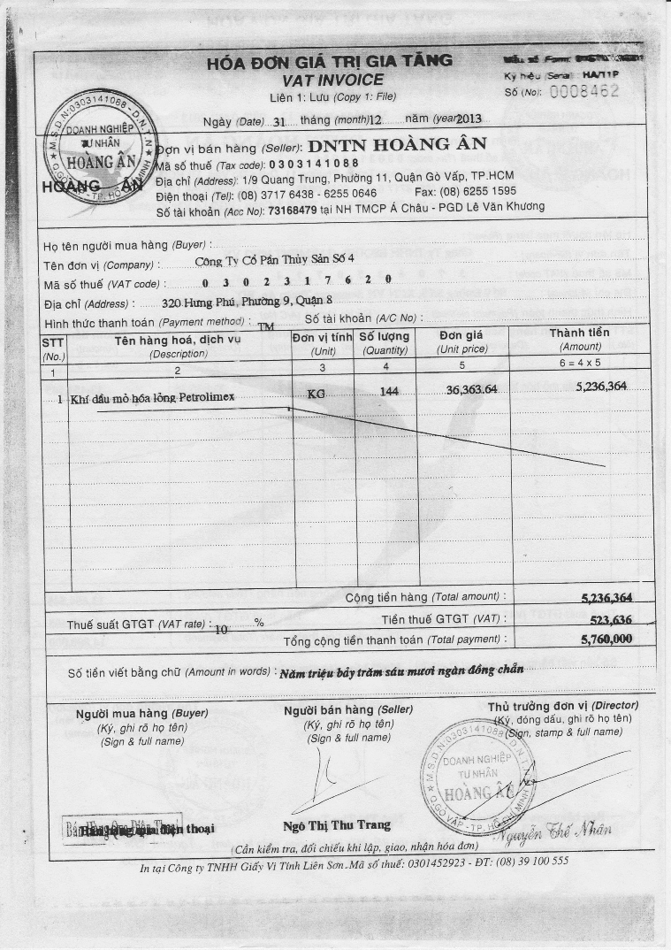 8 Sổ sách và chứng từ có liên quan đến quý 4 2013 của DNTN Hoàng Ân PHỤ LỤC 5