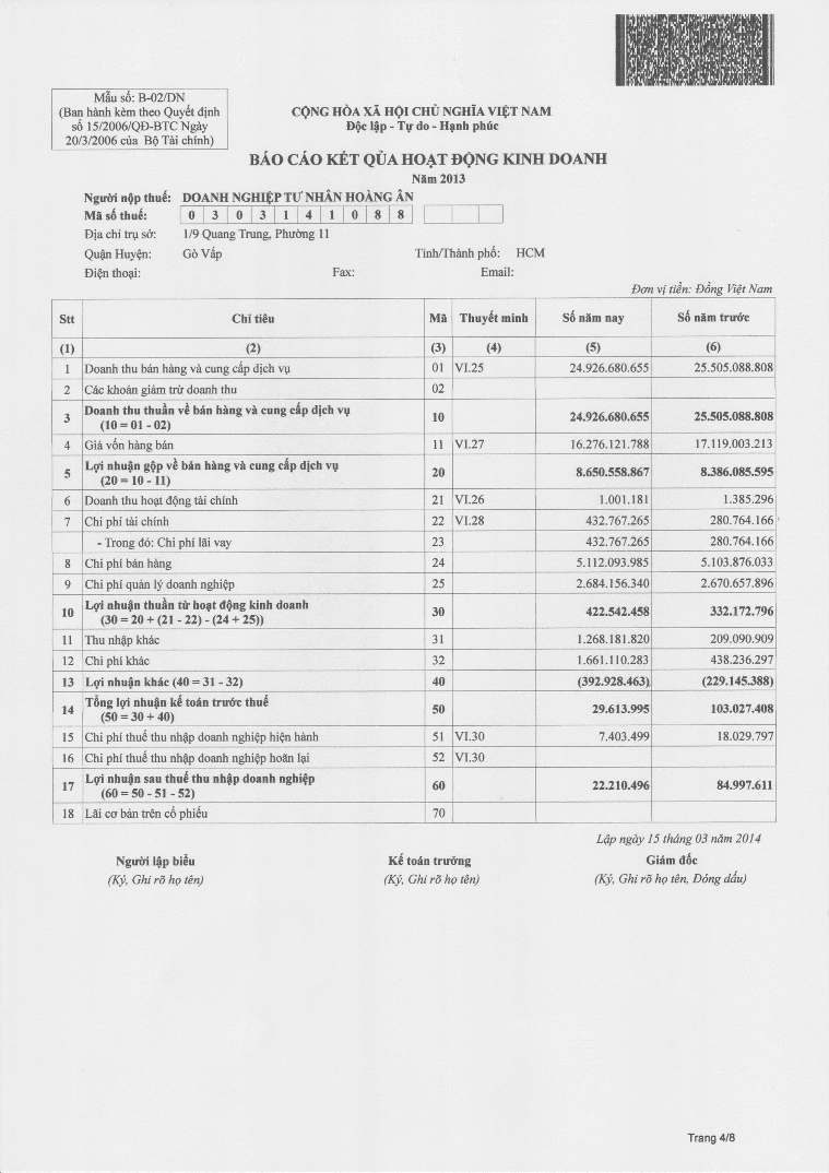 DNTN Hoàng Ân 1 9 Quang Trung P 11 Q Gò Vấp Mẫu số S38 – DN Ban hành theo QĐ số 3