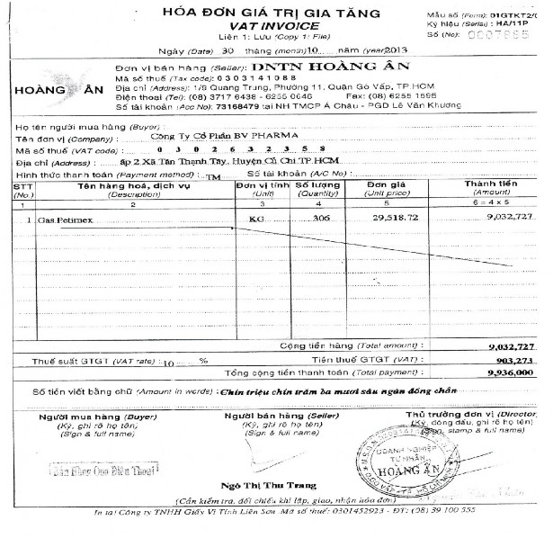 Nghiệp vụ 2 Căn cứ vào hoá đơn GTGT số 0007898 ngày 31 10 2013 của DNTN Hoàng 3