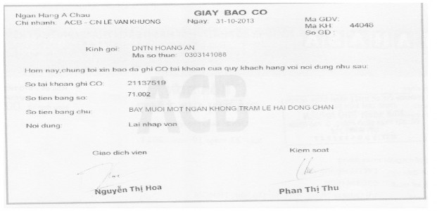 Nghiệp vụ 2 Ngày 30 11 2013 DNTN Hoàng Ân nhận được giấy báo có của ngân 1
