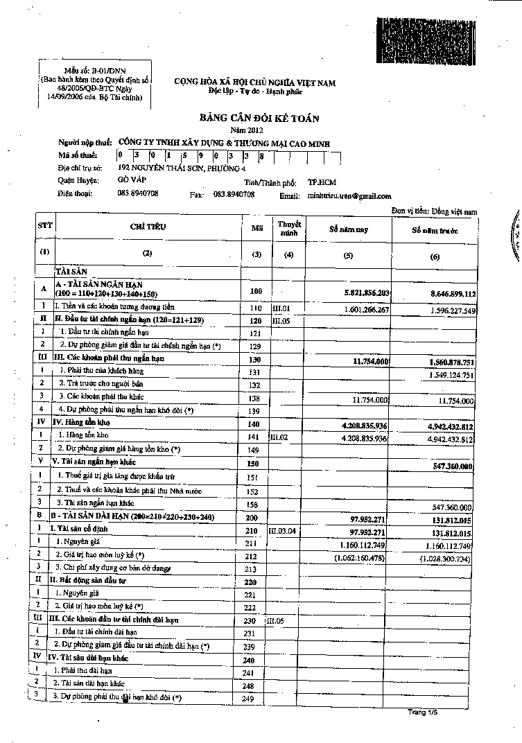 Kế toán nguyên vật liệu Công cụ dụng cụ tại Công ty TNHH XD – TM Cao Minh 14 1