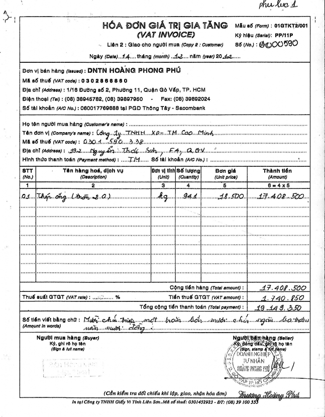 Nguồn Phòng Tài Chính Kế Toán Công ty TNHH XD – TM Cao Minh Khi có hóa đơn giá 1