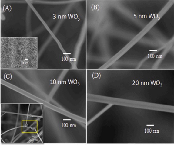 Ảnh SEM của các cảm biến dây nano SnO 2 WO 3 với chiều dày lớp WO 3 khác nhau 3