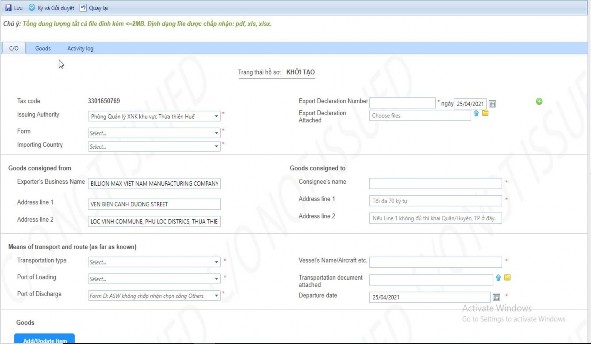 Hình 2 5 Giao diện khai báo C O B3 Khai báo C O Điền đầy đủ các thông tin trên 4