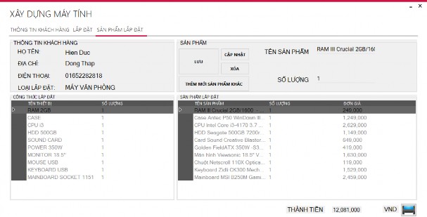 Hình 4 11 Giao diện Xây dựng máy tính – Chọn sản phẩm theo công thức Khu 1