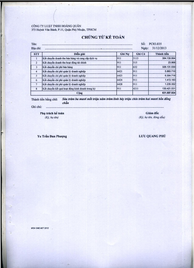 Hoàn thiện công tác hạch toán kế toán doanh thu và chi phí tại Công ty luật TNHH Hoàng Quân 12 1