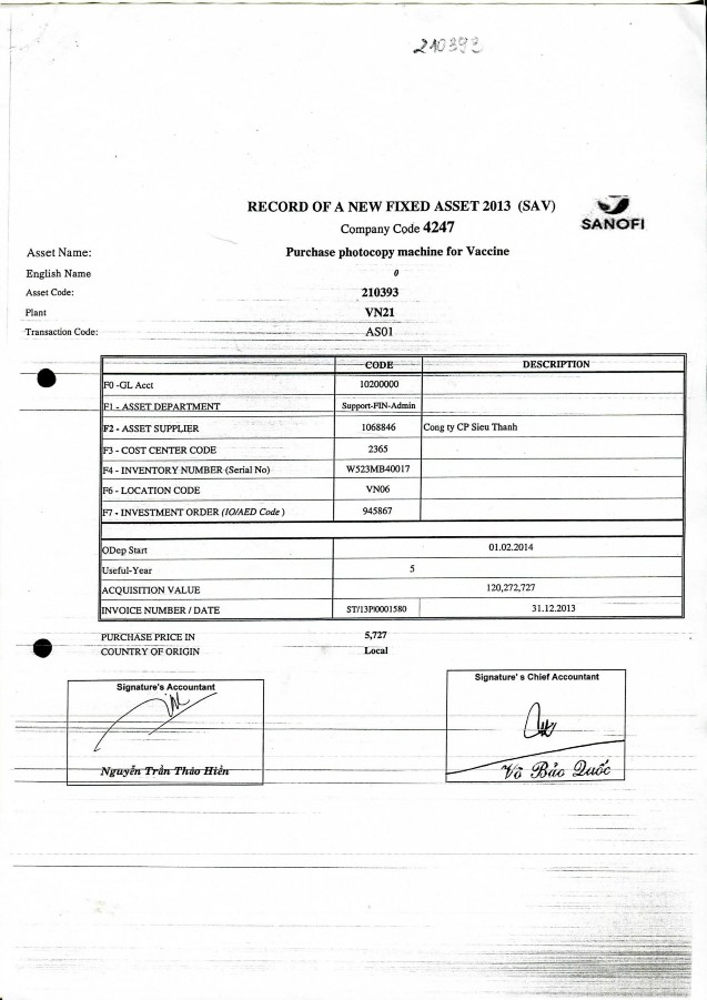 Đơn GTGT Biên bản bàn giao nghiệm thu Thẻ TSCĐ Record of a new Fixed Asset 2013 3