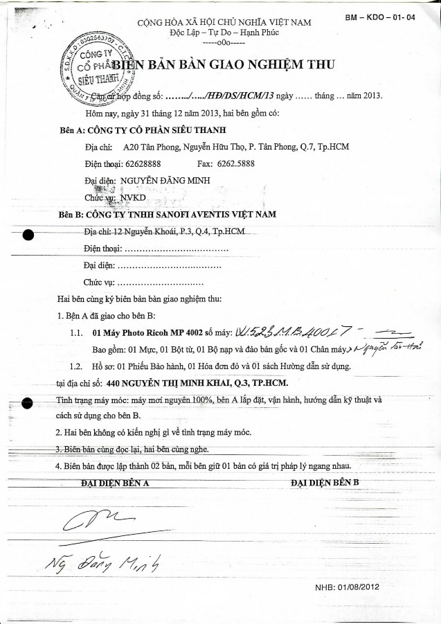 Đơn GTGT Biên bản bàn giao nghiệm thu Thẻ TSCĐ Record of a new Fixed Asset 2013 5