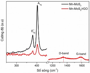 Hình 3 54 Phổ Raman của các mẫu vật liệu 3 Mn MoS 2 và 3 Mn MoS 2 rGO Quan sát 2