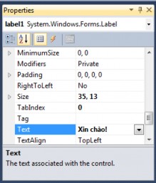 Hình 4 8 Thay đổi thuộc tính Text của điều khiển label1 Kết quả Hình 4 9 10