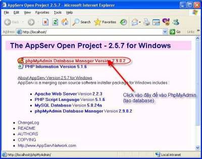Hình 1 8 Trang chủ của AppServ Nhấn vào dòng phpMyAdmin Database Manager Version 2 9 0 2 8