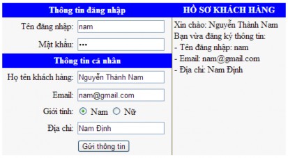 Khi người dùng click vào nút Gửi thông tin thì hiển thị các thông tin trong 8