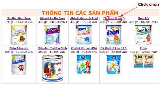 Trang sau hiển thị chi tiết của sản phẩm sữa đã chọn của trang trước Yêu 4