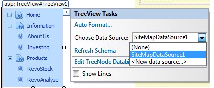 Đầu tiên chọn thuộc tính DataSource của TreeView chỉ đến SiteMapDataSource1 sau 8