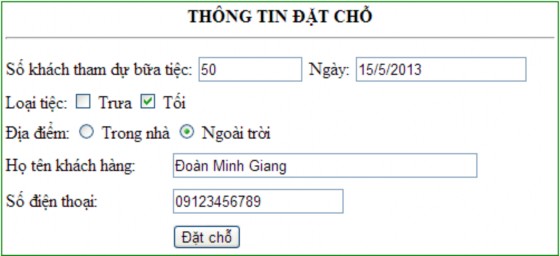 Khi người dùng click vào nút Đặt chỗ thì sẽ hiển thị lại thông tin 12