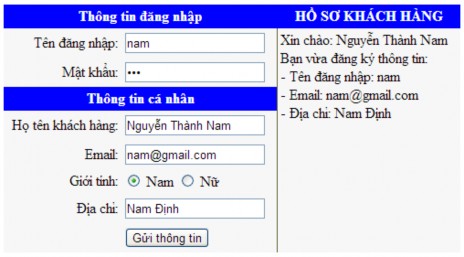 Khi người dùng click vào nút Gửi thông tin thì hiển thị các thông tin trong 26