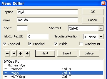 Sau đây là bảng danh mục các mục chọn trên menu của Form frmMenu Mục chọn 12