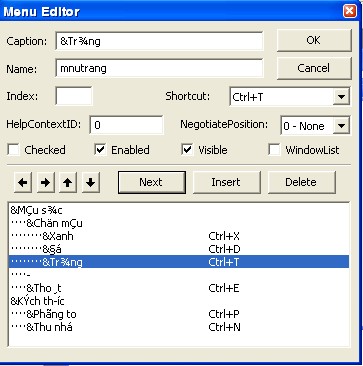 Nếu muốn tạo MenuItems có cấp thấp hơn nữa thì ta lại tiếp tục nhấp mũi 8
