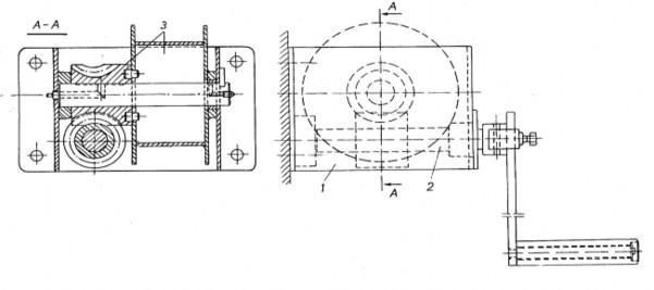 Hình 2 5 Tời gắn tường 1 vỏ hàn 2 trục vít và tay quay 3 bánh vít gắn 5