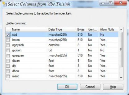 Hình 3 85 Chọn trường làm chỉ mục Kết quả tạo một chỉ mục liên cung đơn 3