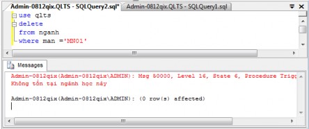 Trường hợp 2 Tồn tại ngành học trong bảng thí sinh Trường hợp 3 Xóa 1