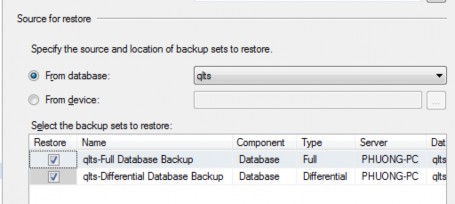 Hình 6 7 Chọn cơ sở dữ liệu nguồn cần khôi phục Bản sao lấy từ tệp tin 8