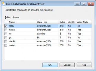 Hình 9 25 Chọn trường làm chỉ mục Các loại chỉ mục khác tương tự 6 Nhập 20