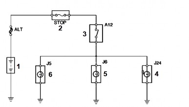 Hình 3 6 Sơ đồ nguyên lý mạch điện đèn phanh 1 Ắc qui 2 Cầu chì 3 Công 4