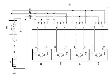 Hình 8 8 Sơ đồ mạch điện của hệ thống điều khiển ghế 1 Ắc qui 2 Khóa 14