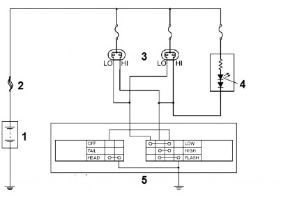 Hình 2 4 Hệ thống đèn pha cốt không có rơ le điều khiển 1 Ắc qui 2 Cầu 4