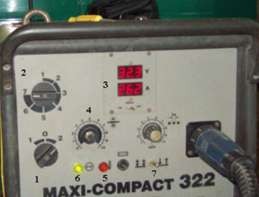 1 Công tắc nguồn 2 Điều chỉnh dòng và áp 3 Đồng hồ hiện thị dòng và áp 2