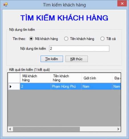 Hình 44 Kết quả thực thi form tìm kiếm khách hàng 3