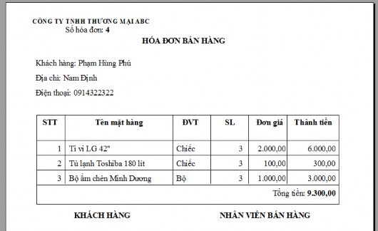 Hình 106 Kết quả xem trước hóa đơn bán hàng b Thiết kế form điều khiển 2