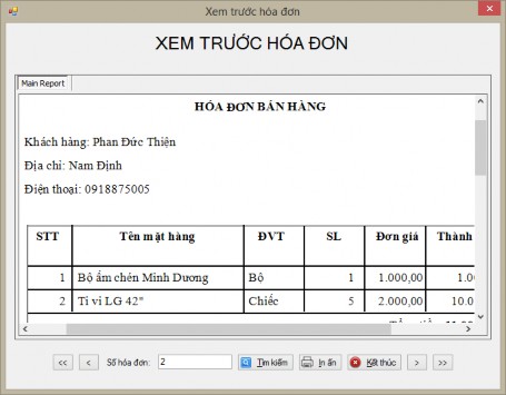 Hình 113 Kết quả thực thi form xem trước hóa đơn Công việc 3 Thiết kế báo 3