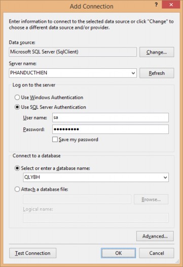 Hình 10 Cửa sổ Add Connection Sau khi nhập các thông số kết nối và lựa chọn 7