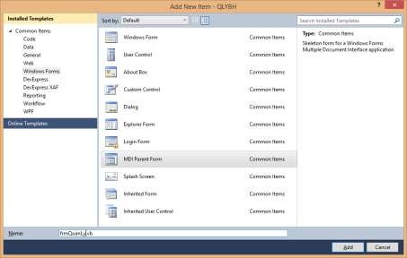 Hình 145 Cửa sổ Add New Item Lựa chọn loại MDI Parent Form sau đó nhập tên from 2