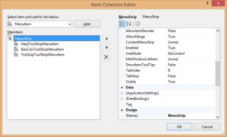 Hình 148 Cửa sổ Items Collection Editor Lựa chọn kiểu MenuItem từ danh sách Select 5