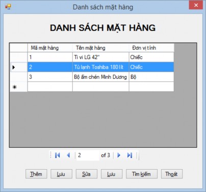 Hình 19 Kết quả thực thi form danh sách mặt hàng Công việc 3 Thiết kế form 2